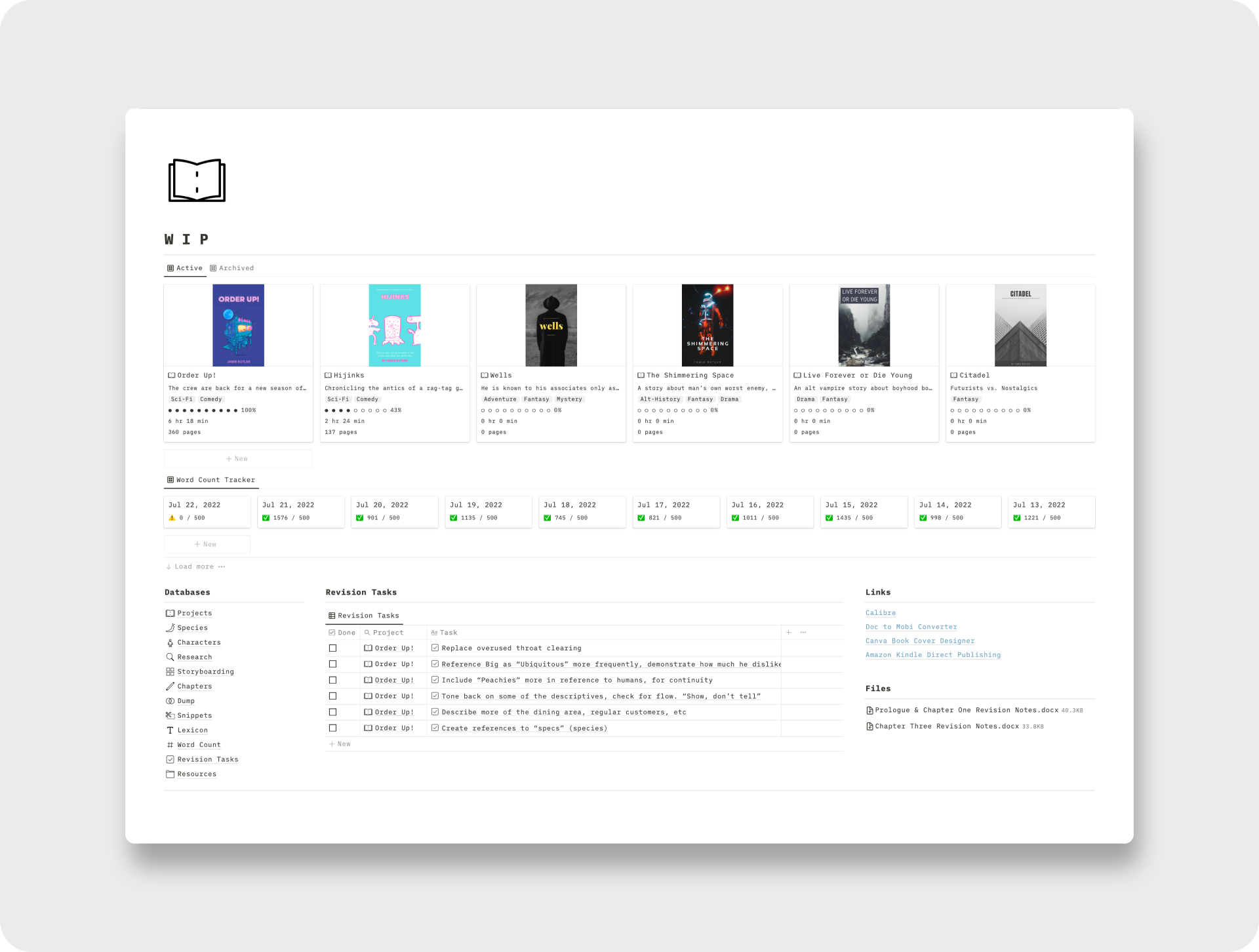 "WIP" advanced system for novel writers dashboard