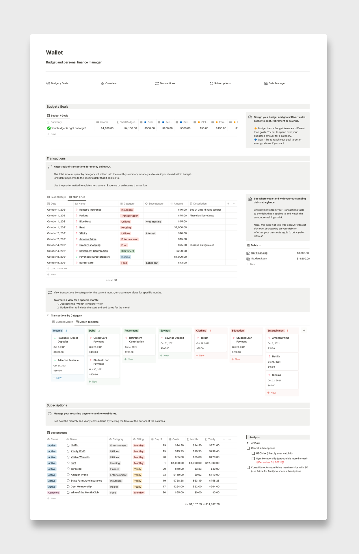 "Wallet" Notion budget and personal finance manager dashboard